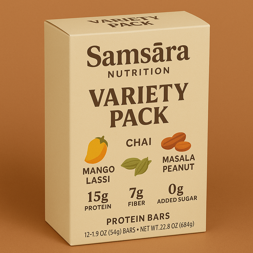 Samsāra Protein Bar Variety Pack (6-Pack) | 3 Flavors – Golden Mango, Masala Peanut, Spiced Chai | Indian-Inspired Snack Bars | 15g Protein, 7g Fiber, 0g Added Sugar | Metabolic Wellness