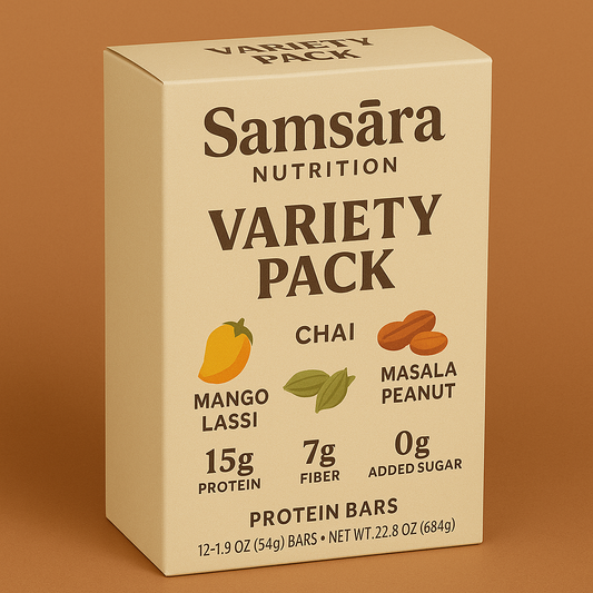 Samsāra Protein Bar Variety Pack (6-Pack) | 3 Flavors – Golden Mango, Masala Peanut, Spiced Chai | Indian-Inspired Snack Bars | 15g Protein, 7g Fiber, 0g Added Sugar | Metabolic Wellness