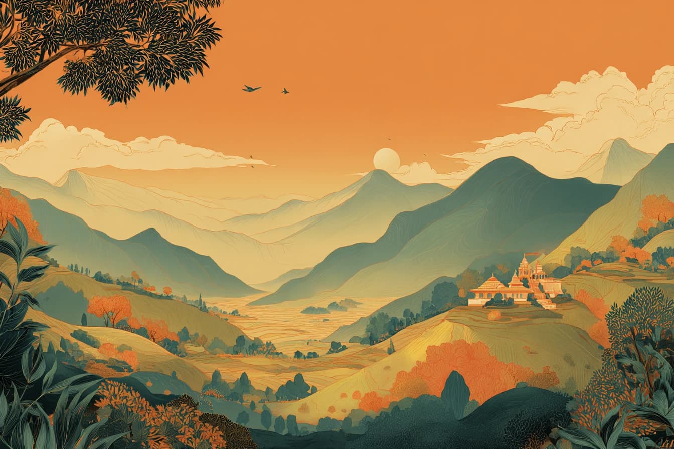 Illustrated landscape with rolling hills, a mango tree, and warm golden sky