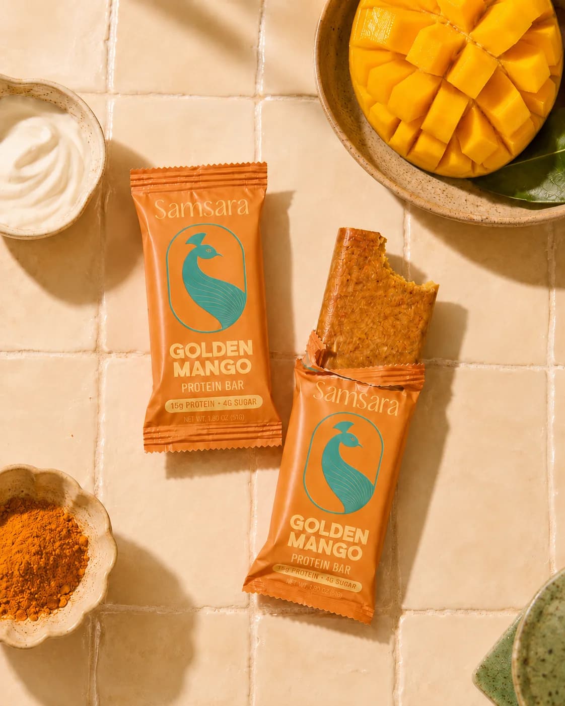Golden Mango bar with cardamom, turmeric, and mango on a cream tile counter