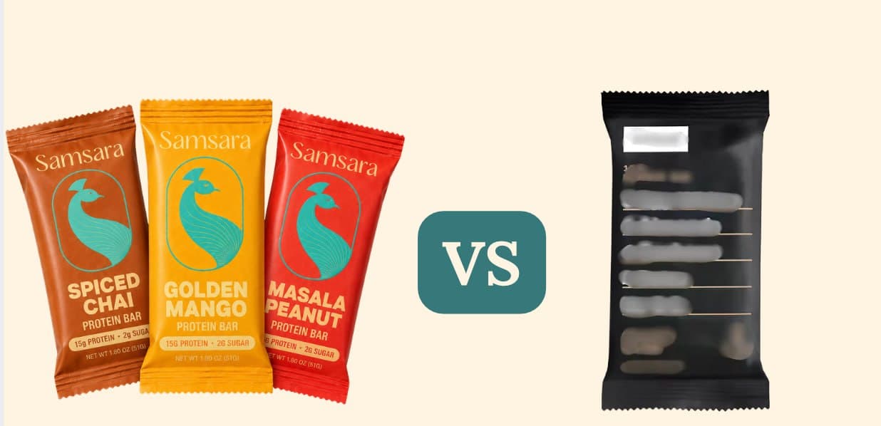 Three Samsara protein bar flavors beside RXBAR in a side-by-side comparison