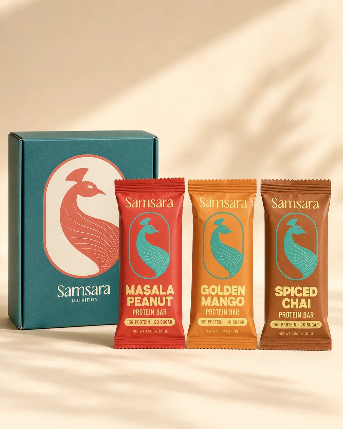 Samsara variety 6-pack box with Golden Mango, Spiced Chai, and Masala Peanut bars
